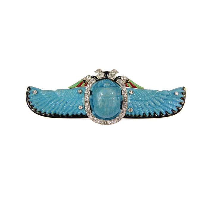 Diamond, enamel and faience winged scarab brooch, French,